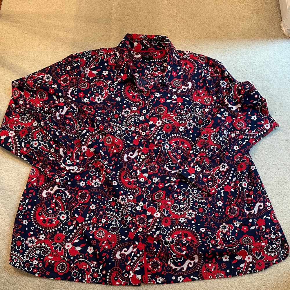Women’s Red, White, and Navy Blue Paisley Shirt